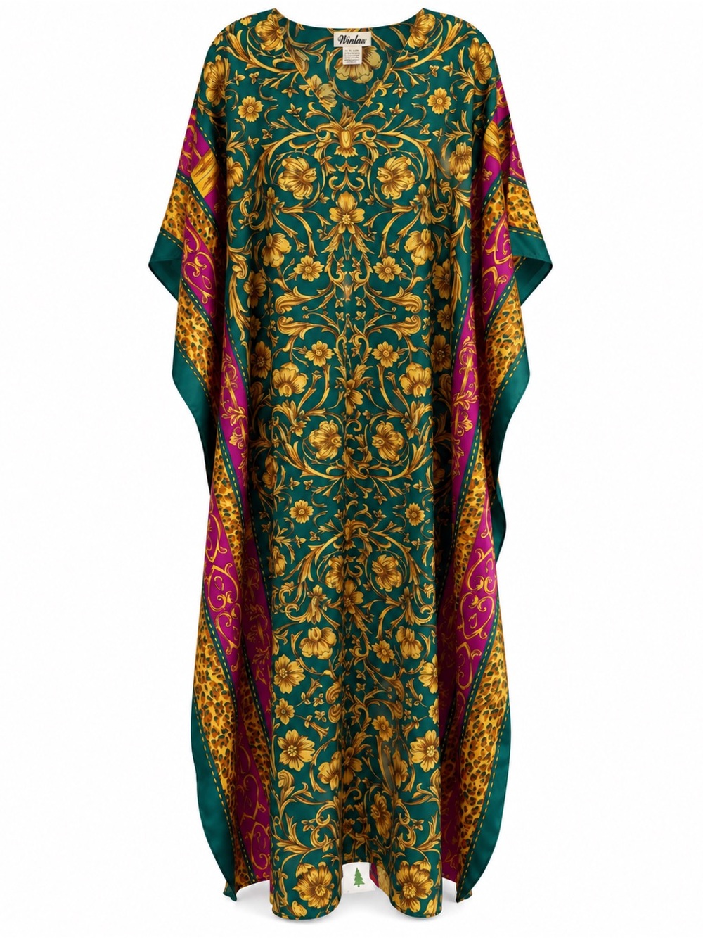 90s Vintage Winlar Emerald Green Gold Floral Leopard Caftan Dress OS